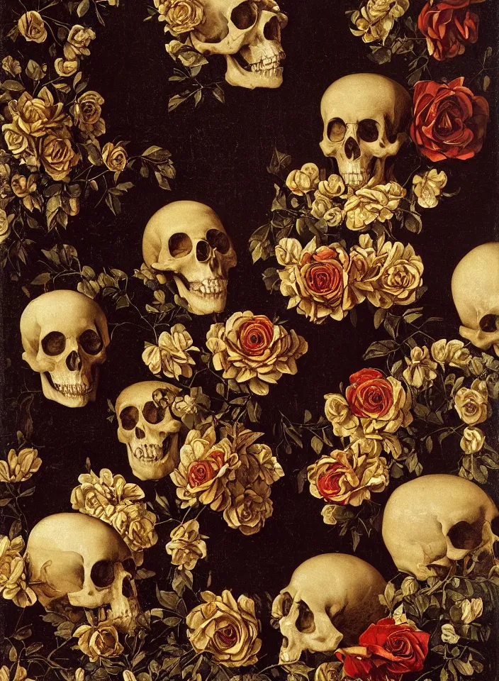 Prompt: portrait of hall of ossuary with a marble skulls with a wreath of gold roses and a dress of gold rose petals , oil painting in a renaissance style , very detailed, painted by Caravaggio.