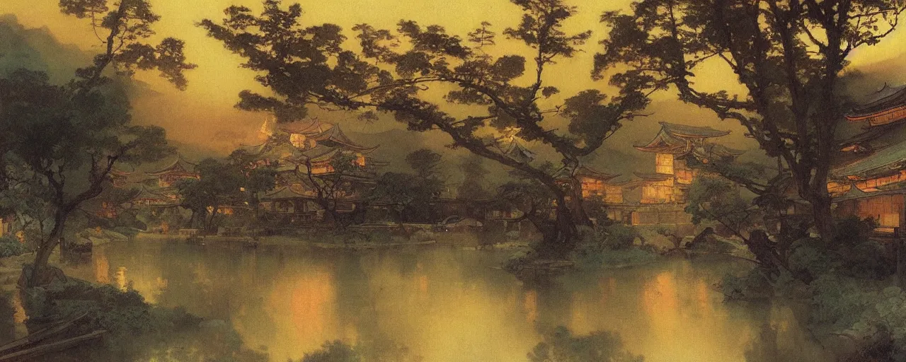 Image similar to a beautiful painting of an acient japanese town nearby a small river in the evening by alfons maria mucha and ivan aivazovsky, ultra detailed, volumetric lighting,