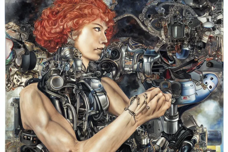 Prompt: 8K UHD, detailed portrait, high dynamic range, by katsuhiro otomo: (background= varnished oil paint on black background with pastel paint splashes in background)+ (subject = queer baroque expressionist cyborg machine goddess + subject detail= very detailed )