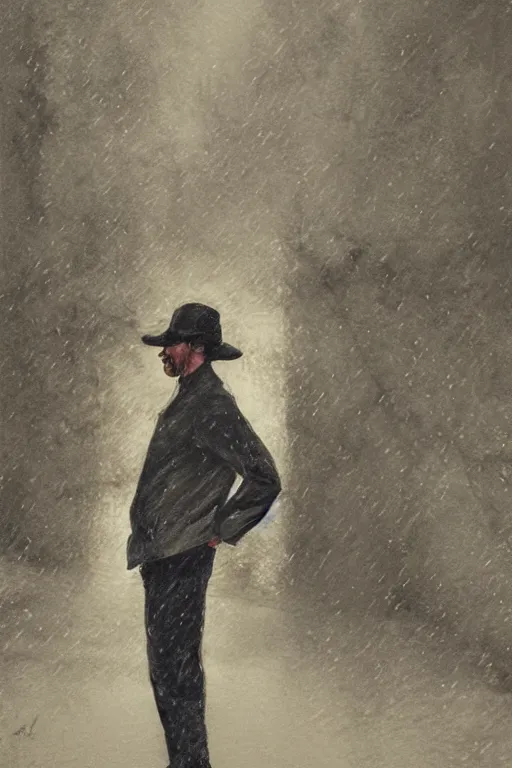 Image similar to a drawn man standing in the rain