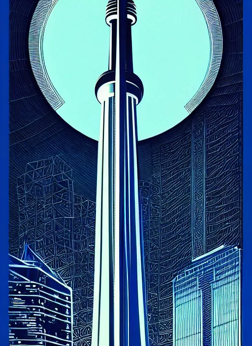 Prompt: cn tower, extremely detailed, bold line art, by vincent di fate and joe fenton and artgerm, toronto, inking, etching, screen print, inkblots of color, masterpiece, trending on artstation, sharp, high contrast, hyper realistic, hd, 4 k, 8 k