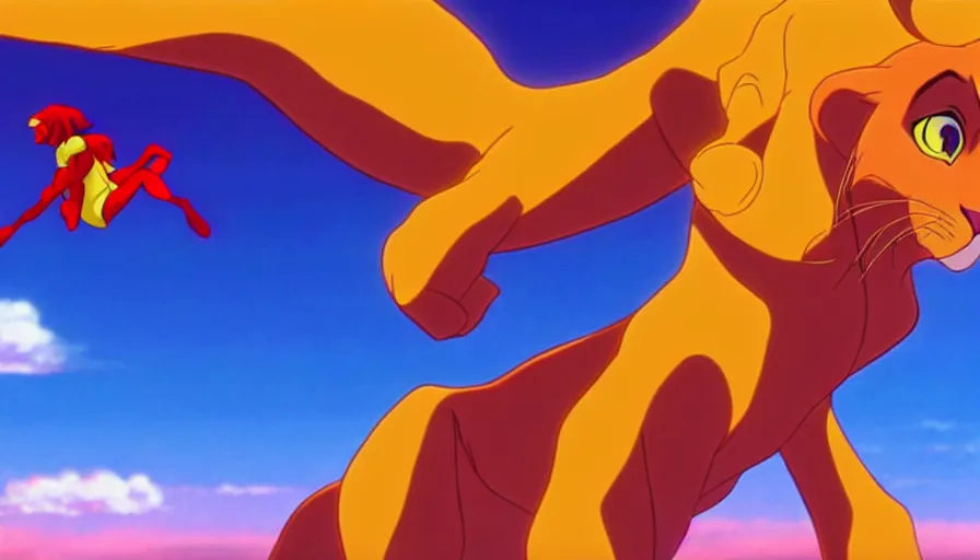Prompt: simba from the lion king in a long shot still from the anime neon genesis evangelion, 4 k, neon genesis evangelion official media, high quality, hideaki anno anime