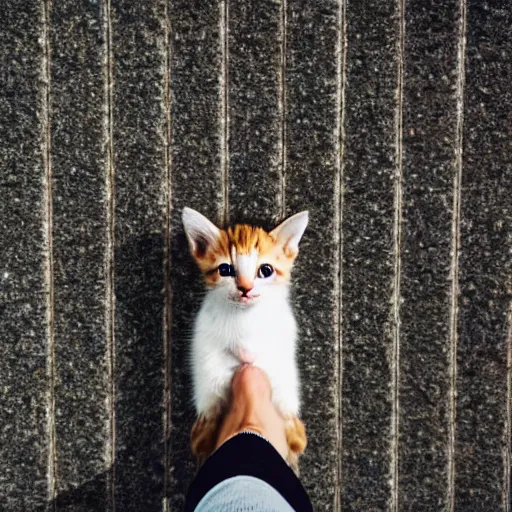 Prompt: a photograph of a kitten standing on the ledge of a skyscraper looking down at the ground from above