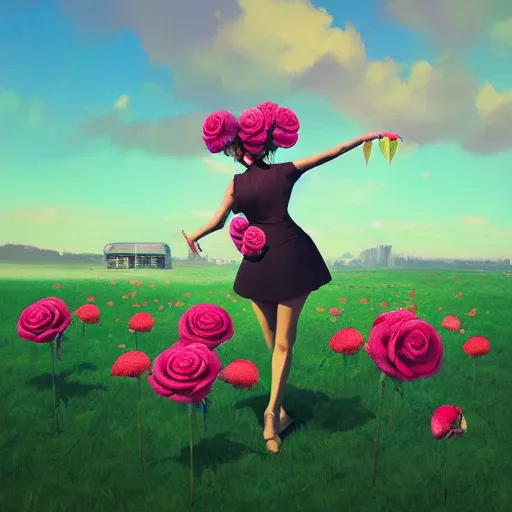 Image similar to portrait, giant rose flower head, girl dancing in a suit, surreal photography, sunrise, blue sky, dramatic light, impressionist painting, digital painting, artstation, simon stalenhag