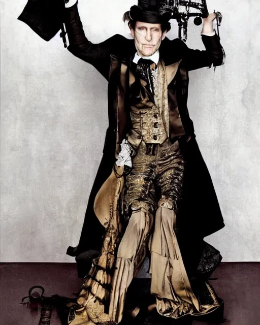 Prompt: Crispin Glover in a Victorian style steampunk dress designed by Sandy Powell in a fashion editorial shot by Annie Leibovitz,surrealism