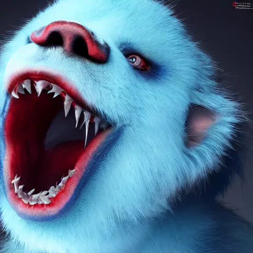 Image similar to a blue furry creature with large red lips, sharp teeth, 4 k photorealistic quality, trending on cgsociety, horror art, eerie art style