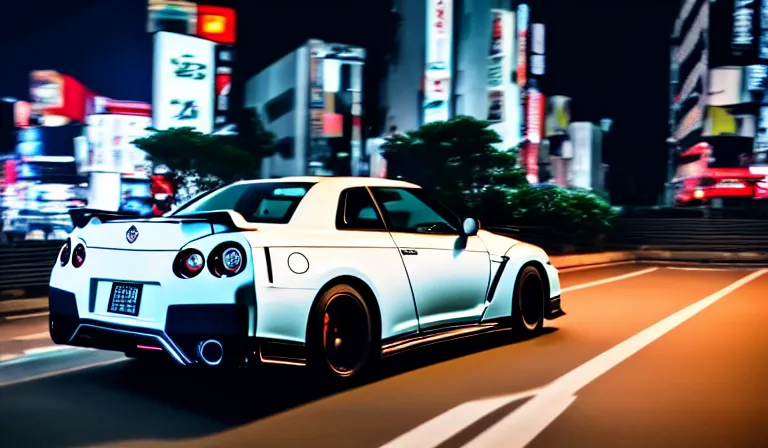 Image similar to wideshot of a nissan skyline gtr driving in tokyo at night, highly detailed, 4k photo, shot with sony alpha