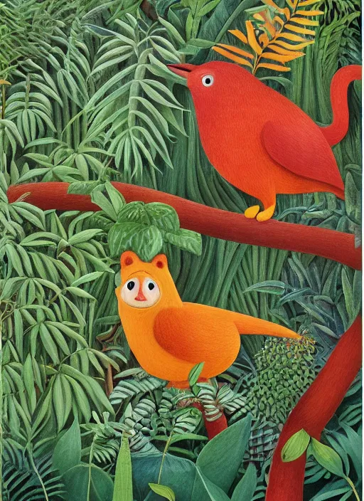 Image similar to rare bird in the jungle, highly detailed, style of henri rousseau and richard scarry