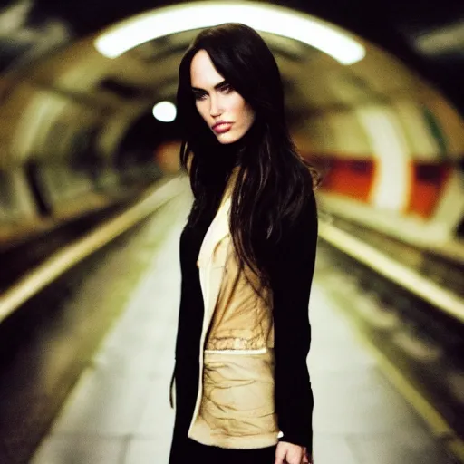 Prompt: fujifilm superia photo portrait of megan fox in the london subway, gloomy, grainy