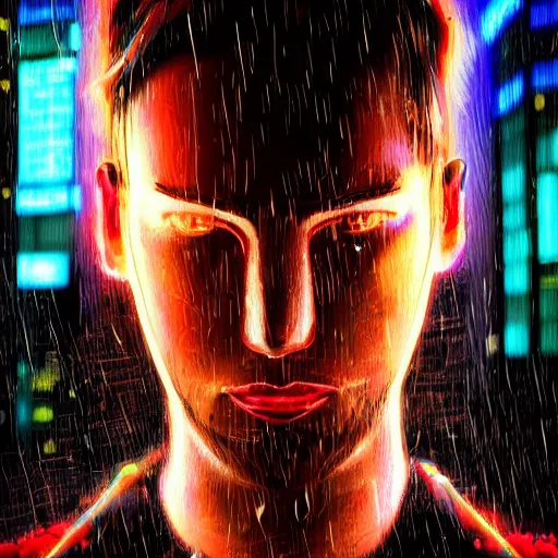 Prompt: stylish cartoon portrait made out of rain, cyberpunk background, rendered in octane, unreal engine, highly detailed, trending on artstation, realistic, splashes of neon, beautiful, handsome, depth of field, glowing eyes