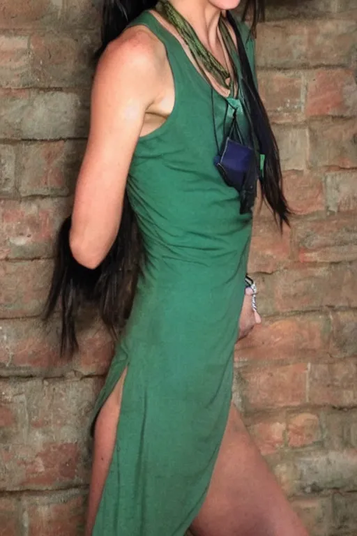 Image similar to fantasy character photo. tall, lanky, athletic woman gleefully telling a bs story full of lies. facial expression of manic obsessive love. danielle campbell. black hair in ponytail. bright blue eyes. sleeveless light green dress. tall, lanky, athletic, wiry, slightly muscular.