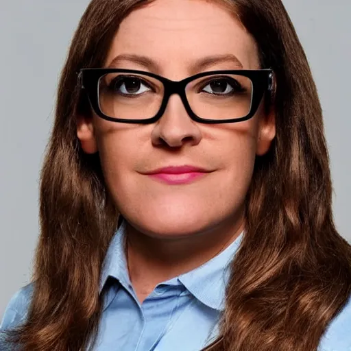 Prompt: 4 5 year old french and swedish woman, brown hair!, round head, slightly overweight, nerdy music teacher with phd, labile temper, drinks bourbon, wears oprah glasses, from wheaton illinois