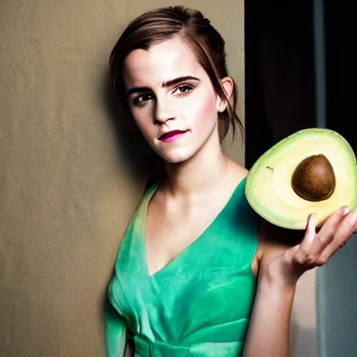 Prompt: portrait photograph of emma watson an an avocado