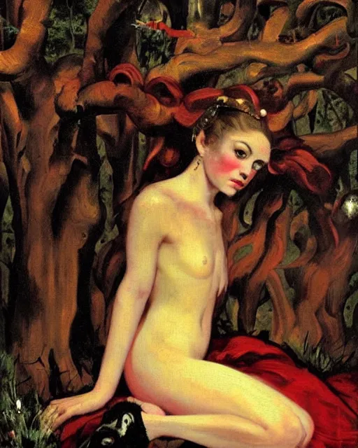 Image similar to a baroque painting of a girl wearing red lost in the dark woods, a terrifying wolf is watching her, 1 9 7 0 s, seventies, wallpaper, delicate embellishments, painterly, offset printing technique, by brom, robert henri, walter popp