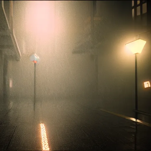 Image similar to Technological Anguish, wet, rain, wetcore, cyberpunk, Art-deco, volumetric lighting, volumetric fog, rtx, Weta Digital, 8k