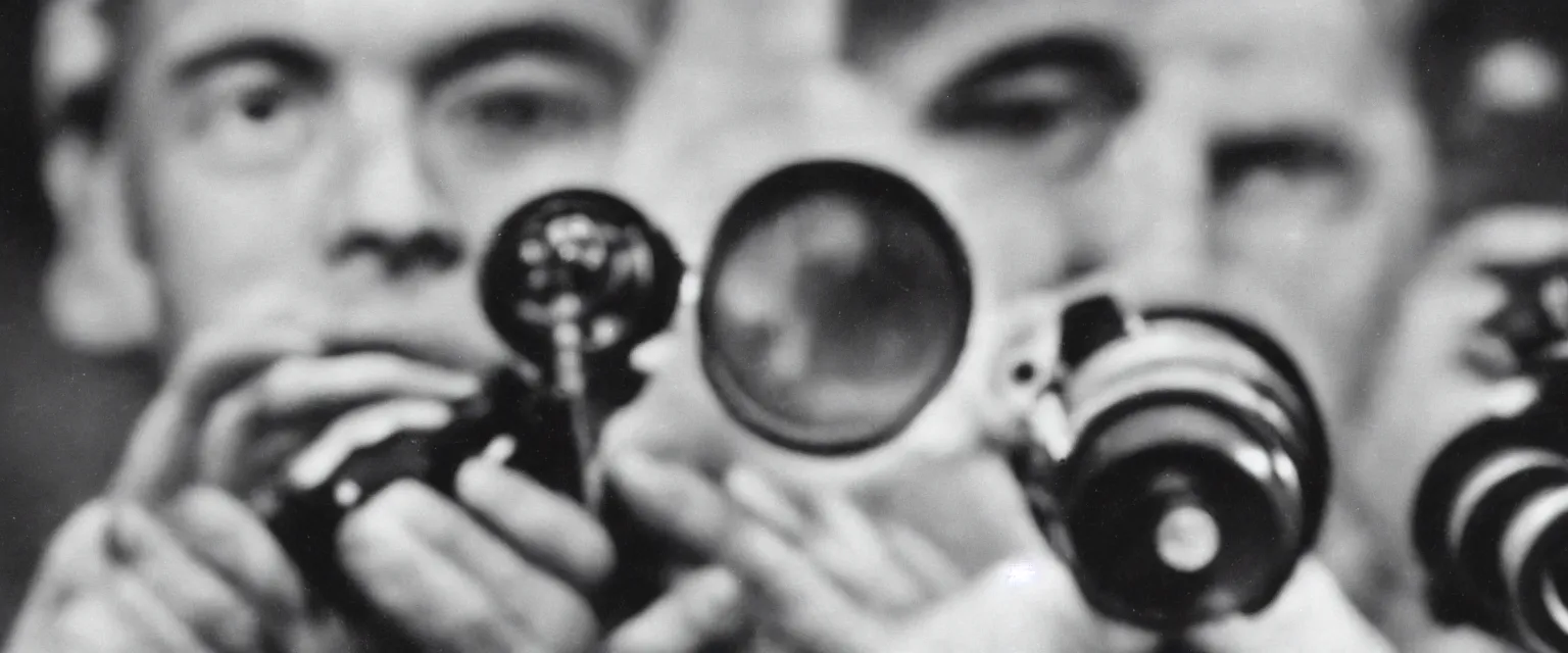 Image similar to detailed sharp portrait photograph in the style of popular science circa 1 9 5 5 of a young man in close up looking directly at lens through binoculars