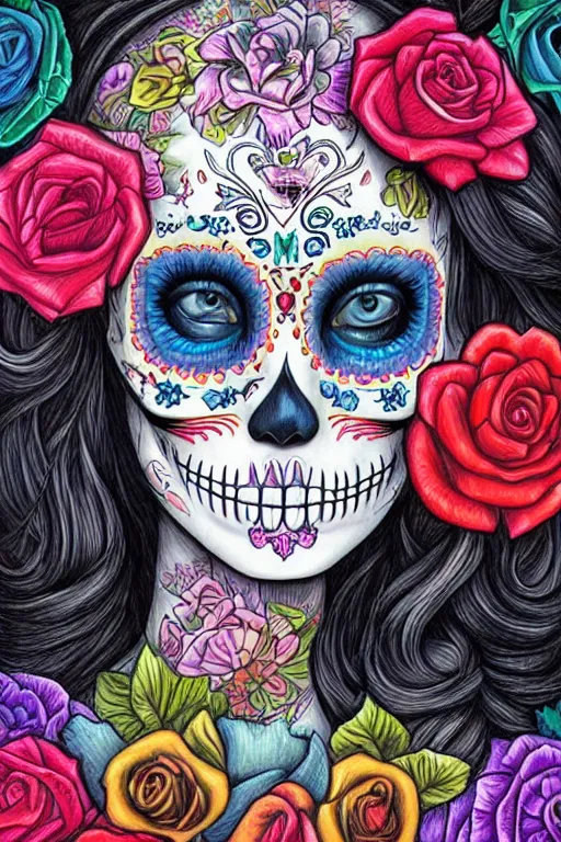 Image similar to illustration of a sugar skull day of the dead girl, art by magali villeneuve