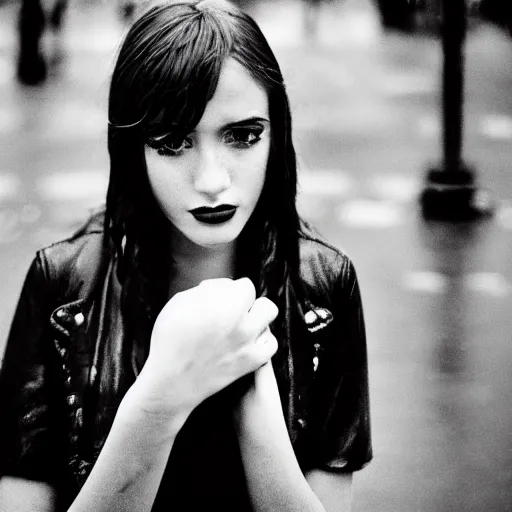 Image similar to black and white fashion photograph, highly detailed portrait of a depressed girl as a drug dealer on a busy Paris street, detailed face looking into camera, eye contact, natural light, rain, mist, lomo, fashion photography, film grain, soft vignette, sigma 85mm f/1.4 1/10 sec shutter, Daren Aronofsky film still promotional image, IMAX 70mm footage