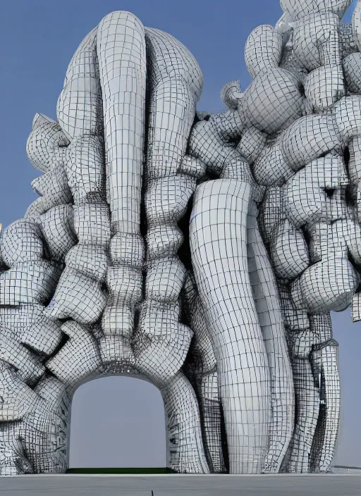 Prompt: highly detailed realistic architecture 3 d render of a futurisctic stele column monument made from spheres in frank gehry style standing near a highway, archdaily, made in unreal engine 4 octane render