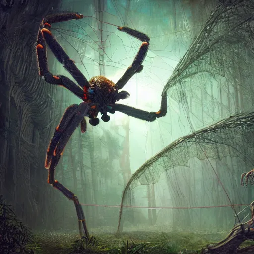 Image similar to an ugly giant spider, beautiful, realistic, 8 legs, atmosphere, vibe, forest, giant webs, ferns, bones, concept art illustration, color page, tone mapping, akihiko yoshida, james jean, andrei riabovitchev, marc simonetti, digital illustration, greg rutowski, volumetric lighting, sunbeams, particles