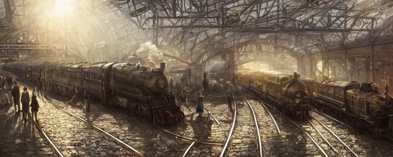 Image similar to photorealistic subway station with arriving steam trains, daylight, sunlight, lens flare, highly detailed, digital painting, artstation, concept art, smooth, sharp focus, 8k, photorealistic, 25mm f/1.7 ASPH Lens, ultra realistic steampunk illustration, art by greg rutkowski and alphonse mucha