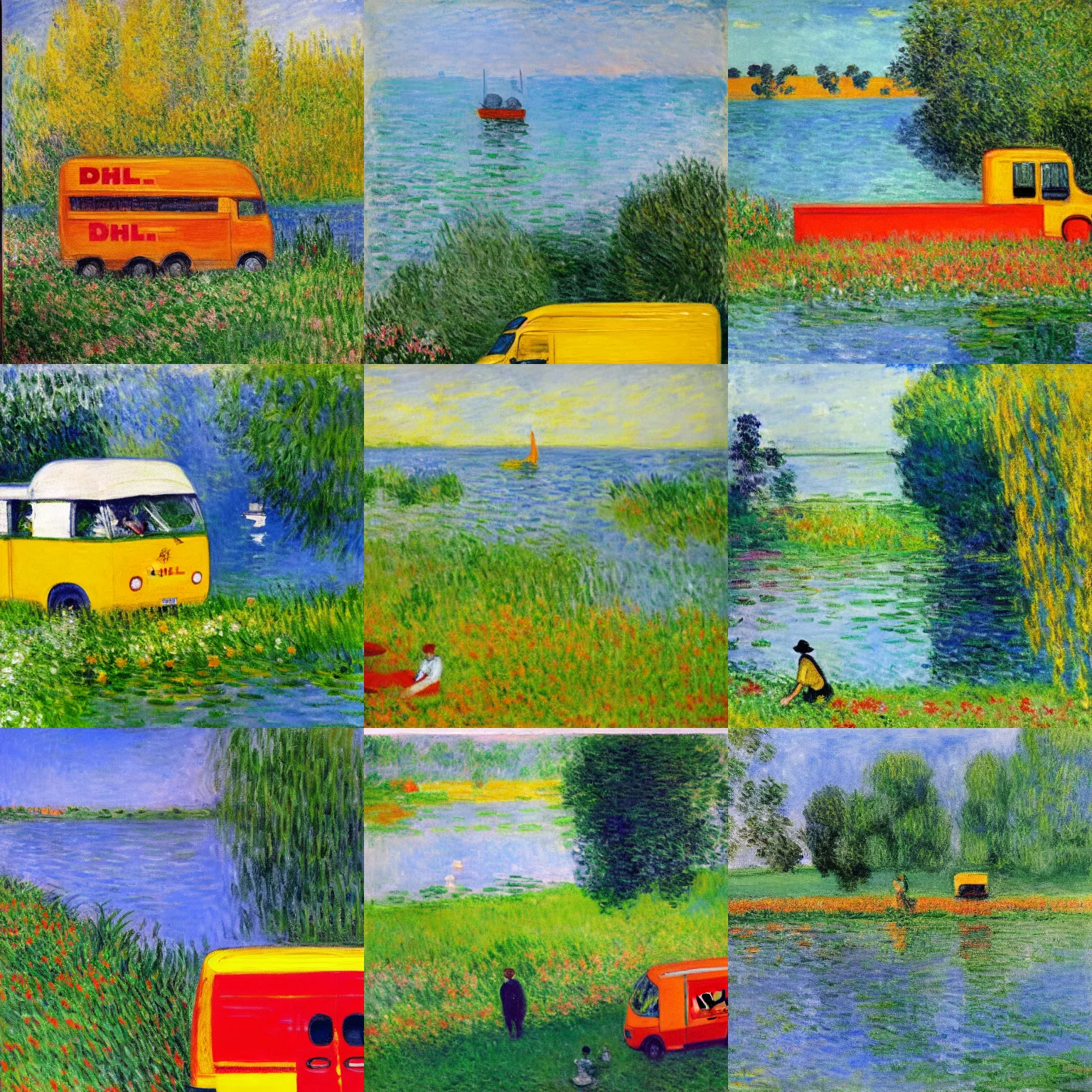 Prompt: DHL yellow DHL van and the lake, man in orange shirt lying on the grass nearby, painting by Monet