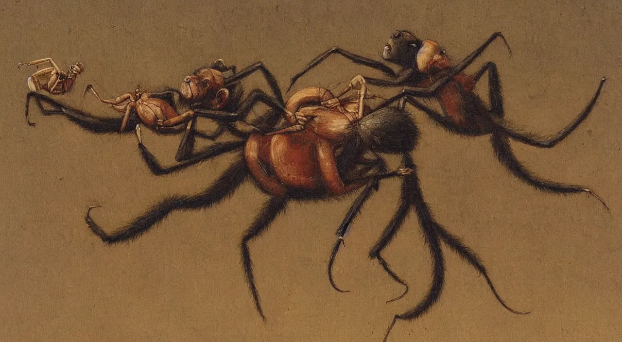 Image similar to a monkey riding a giant ant, by most renowned artist of the romanticism, hiperrealism,