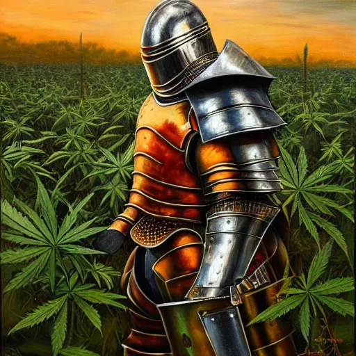 Image similar to an extremly detailed oil painting of a full armored knight, blessing a field of cannabis plants at sunset, trending on artstation, colorful