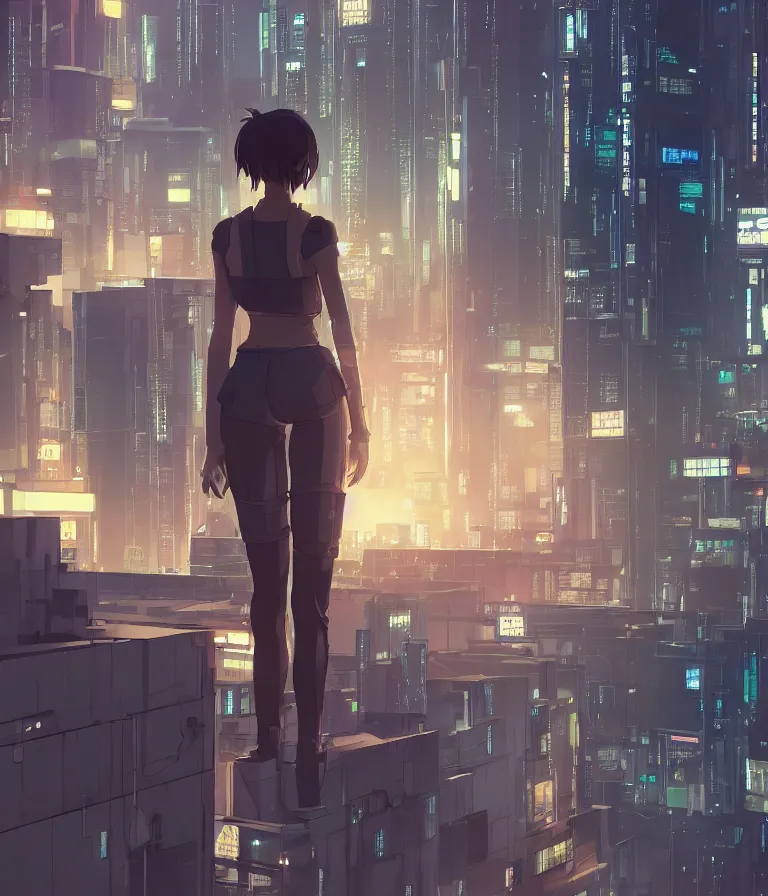 Image similar to a girl stands on top of a multi-storey building, anime style, 4k, cyberpunk city in the background, HD, artstation, very detailed, by Ilya Kuvshinov