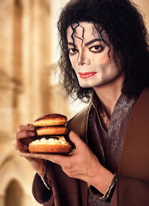 Image similar to closeup portrait of a medieval michael jackson eating cakes in the abbey, depth of field, zeiss lens, detailed, symmetrical, centered, fashion photoshoot, by annie leibovitz and steve mccurry, david lazar, jimmy nelsson, breathtaking, 8 k resolution, extremely detailed, beautiful, establishing shot, artistic, hyperrealistic, beautiful face, octane render