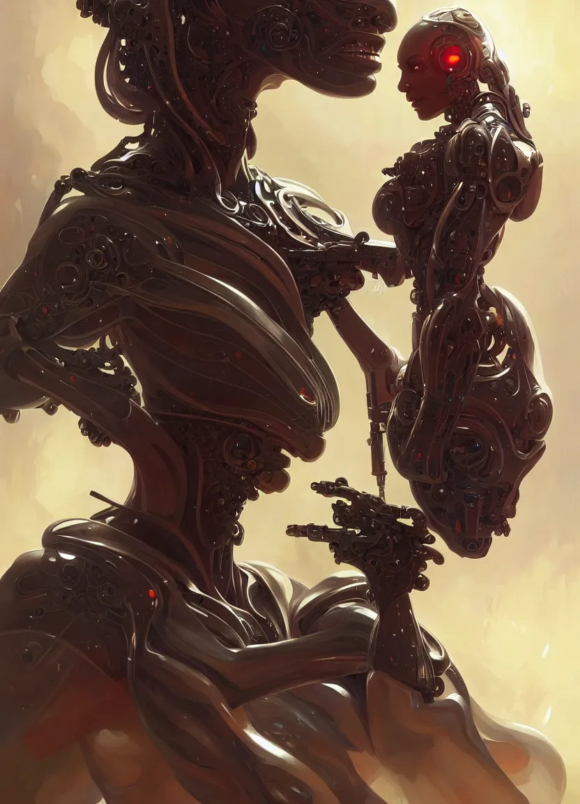 Image similar to cyborg alien with blaster, intricate, elegant, highly detailed, digital painting, artstation, concept art, matte, sharp focus, illustration, art by artgerm and greg rutkowski and alphonse mucha