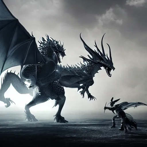 Prompt: a silver dragon fighting a knight, concept art, cinematic lighting, hyper realistic, fantasy art