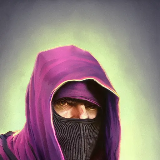 Image similar to ultra realistic illustration, man in a black hood, in a striped purple balaclava, mysterious, highly detailed, digital painting, artstation, concept art, smooth, sharp focus, illustration, art by artgerm and greg rutkowski and alphonse mucha