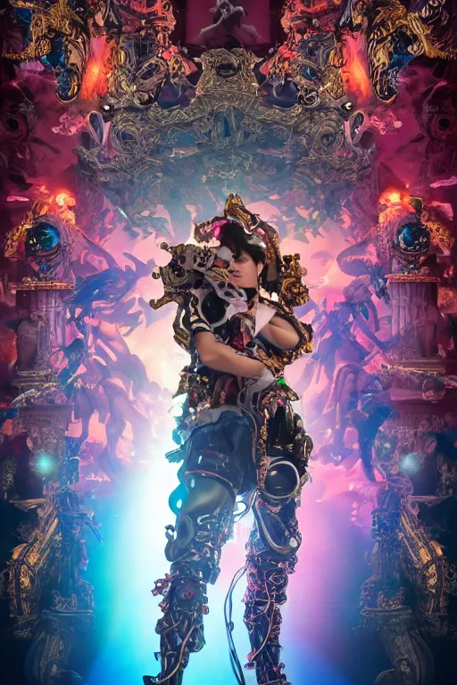 Image similar to full-body rococo and cyberpunk style sculpture of a young handsome Spanish prince half android with a chest exposing a glowing orange gem, glowing pink laser eyes, crown of blue gears and giant diamonds, swirling salmon-colored silk fabric, robotic raptors dinosaurs. baroque elements. full-length view. intricate artwork by caravaggio. Trending on artstation, octane render, cinematic lighting from the right, hyper realism, octane render, 8k, depth of field, 3D