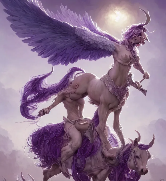 Prompt: a majestic female centaur with white wings and with a horn on the forehead and purple hair and elf ears, backlit, strong rim light, highly detailed, digital painting, by Alvaro Castagnet + Peter Mohrbacher + Dan Mumford + vivid colors + high contrast, 8k resolution, intricate, photorealistic, smooth