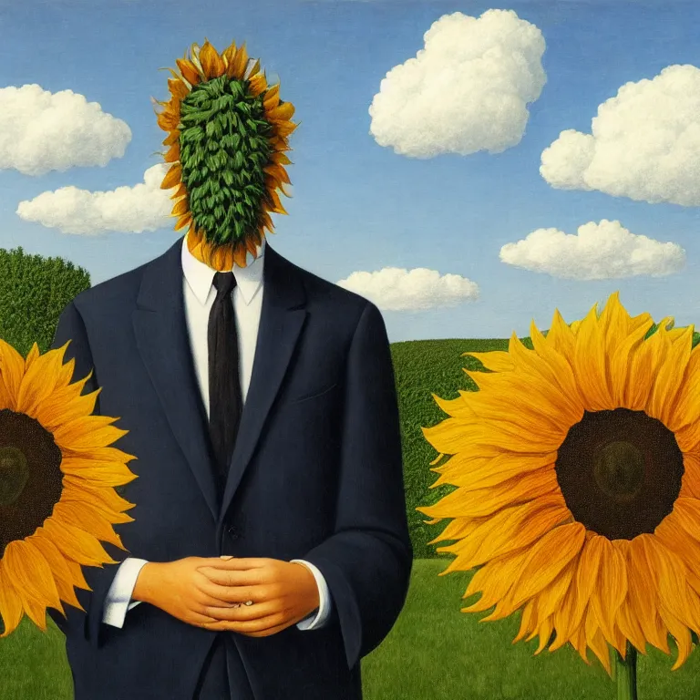 Image similar to portrait of a faceless sunflower - head man in a suit, clouds in the background, by rene magritte, detailed painting, distance, centered, hd, hq, high resolution, high detail, 4 k, 8 k