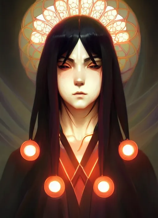 Image similar to symmetry!! itachi, glowing lights!! intricate, elegant, highly detailed, digital painting, artstation, concept art, smooth, sharp focus, illustration, art by artgerm and greg rutkowski and alphonse mucha