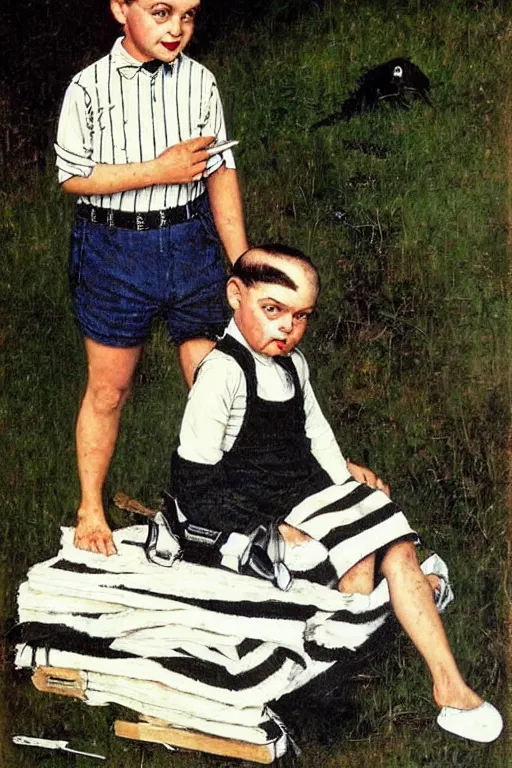 Image similar to pugsley addams from the addams family painted by norman rockwell