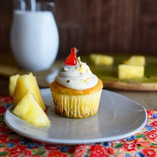 Image similar to pineapple pizza cupcake, food photography