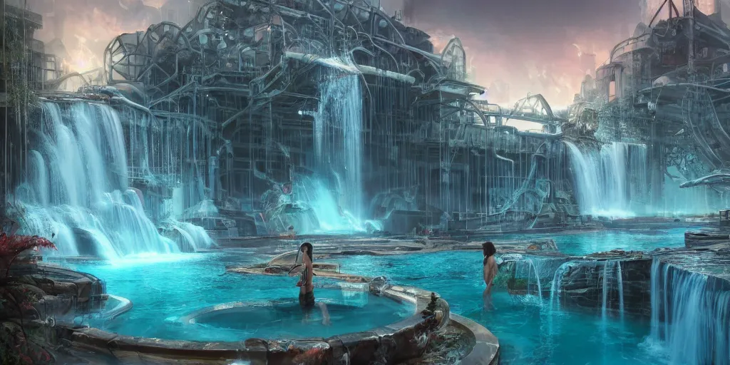Image similar to beautiful pool waterfalls surrounded by alien robots, steel archways, industrial buildings, rusty metal towers, sun setting, ross tran, fantasy, james jean, peter morbacher, angelarium, alchemy, luxury, heavenly light, soft illumination, trending on artstation, cinematic lighting, digital painting, octane render, artgerm