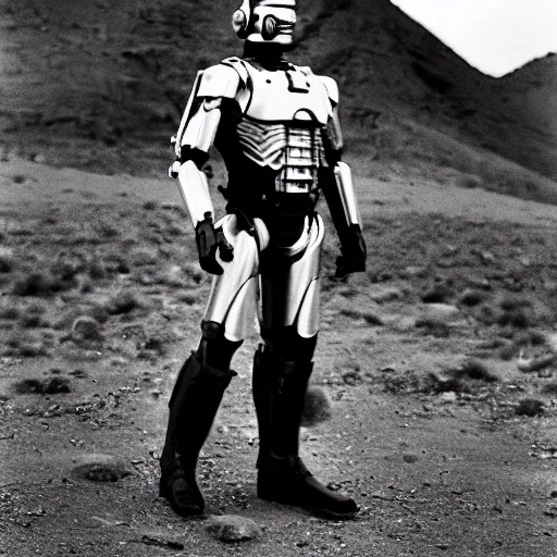 Prompt: Annie Leibovitz portrait of Robocop outdoors, 35mm, black and white, portrait,
