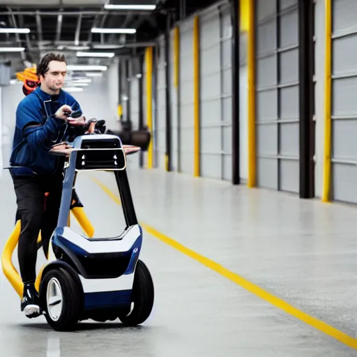 Image similar to human segway driving through an industrial environment delivering packages