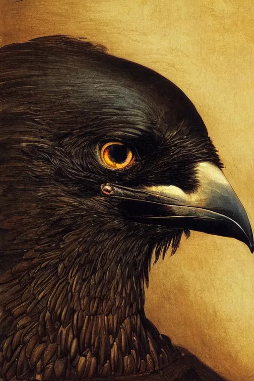 Image similar to a breathtakingly stunningly beautifully highly detailed extreme close up portrait of a giant majestic raven, by michael cheval and frederic leighton and rosetti and turner and eugene von guerard, 4 k