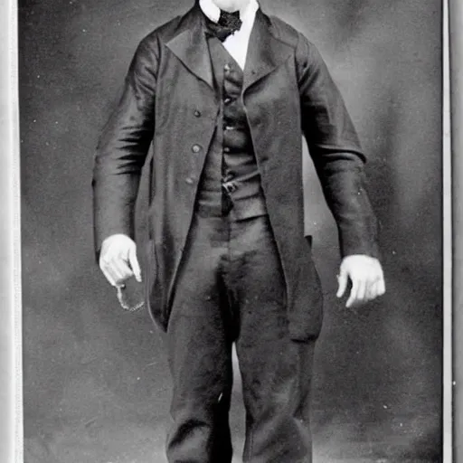 Prompt: John Cena in the 1800s wearing a suit, a bowler, and a monocle, with mutton chops and a mustache