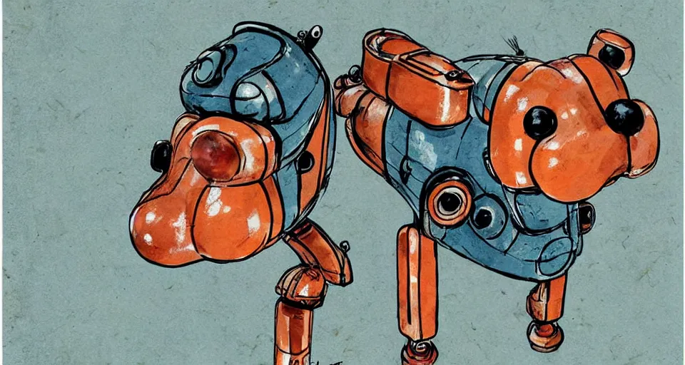 Image similar to a cute retro robot dog. alcohol inks on parchment, muted colors, detailed, textured parchment background, 1 9 5 0 s concept art