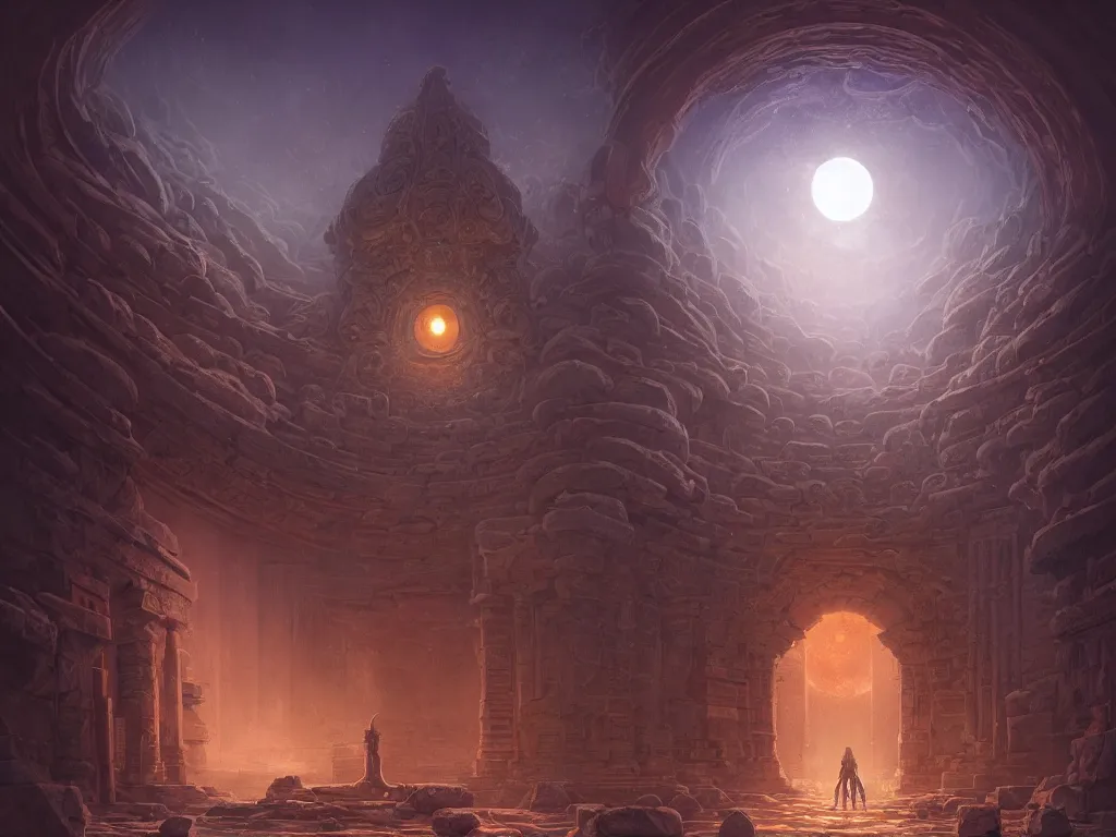 Prompt: A picture of an ancient temple with geometric patterns and tentacles coming out of the entrance under the full moon art by Noah Bradley, Darek Zabrocki, Pablo Carpio and Jordan Grimmer, ominous, cosmic horror, trending on artstation, Ultra detailed, hyper realistic, 4k