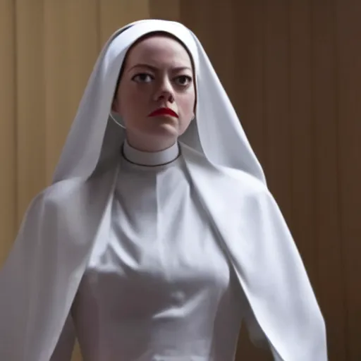 Prompt: A full body shot of Emma Stone dressed as a nun , catholic , high quality, fully detailed, 4k, inspired by handmaid's tale