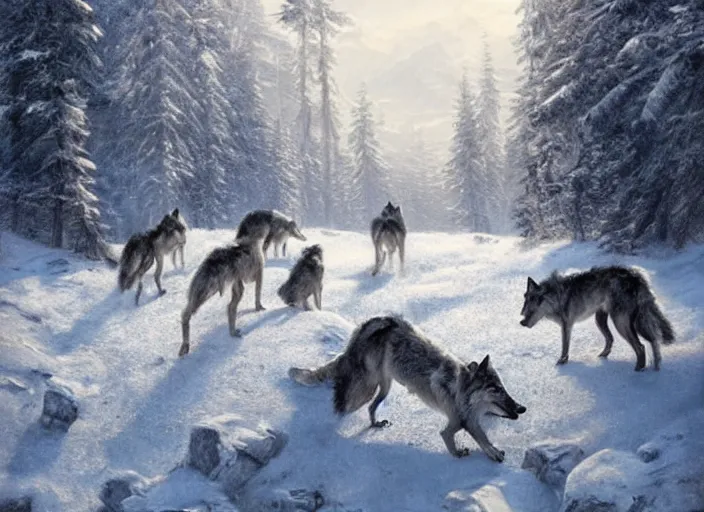 Prompt: A pack of wolves in a snowfield, a fantasy digital painting by Greg Rutkowski and James Gurney, trending on Artstation, highly detailed