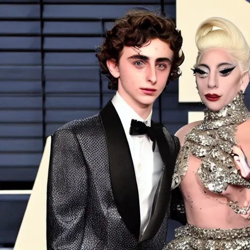 Image similar to timothee chalamet and lady gaga meet eachother, highly beautiful faces, highly detailed