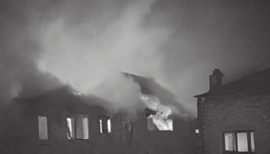 Image similar to 1 9 7 0 s movie still of a burning house windows in a small french village by night, cinestill 8 0 0 t 3 5 mm, heavy grain, high quality, high detail, dramatic light, anamorphic, flares